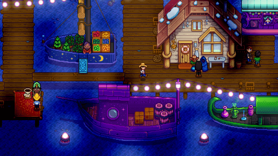 Stardew Valley screenshot showing a portside town at night